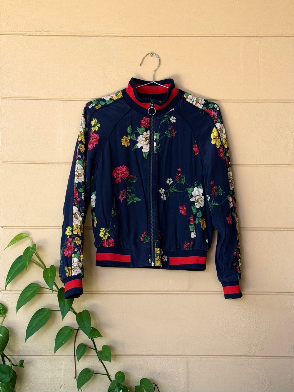 Joie Navy Floral Bomber Jacket with Red Trim